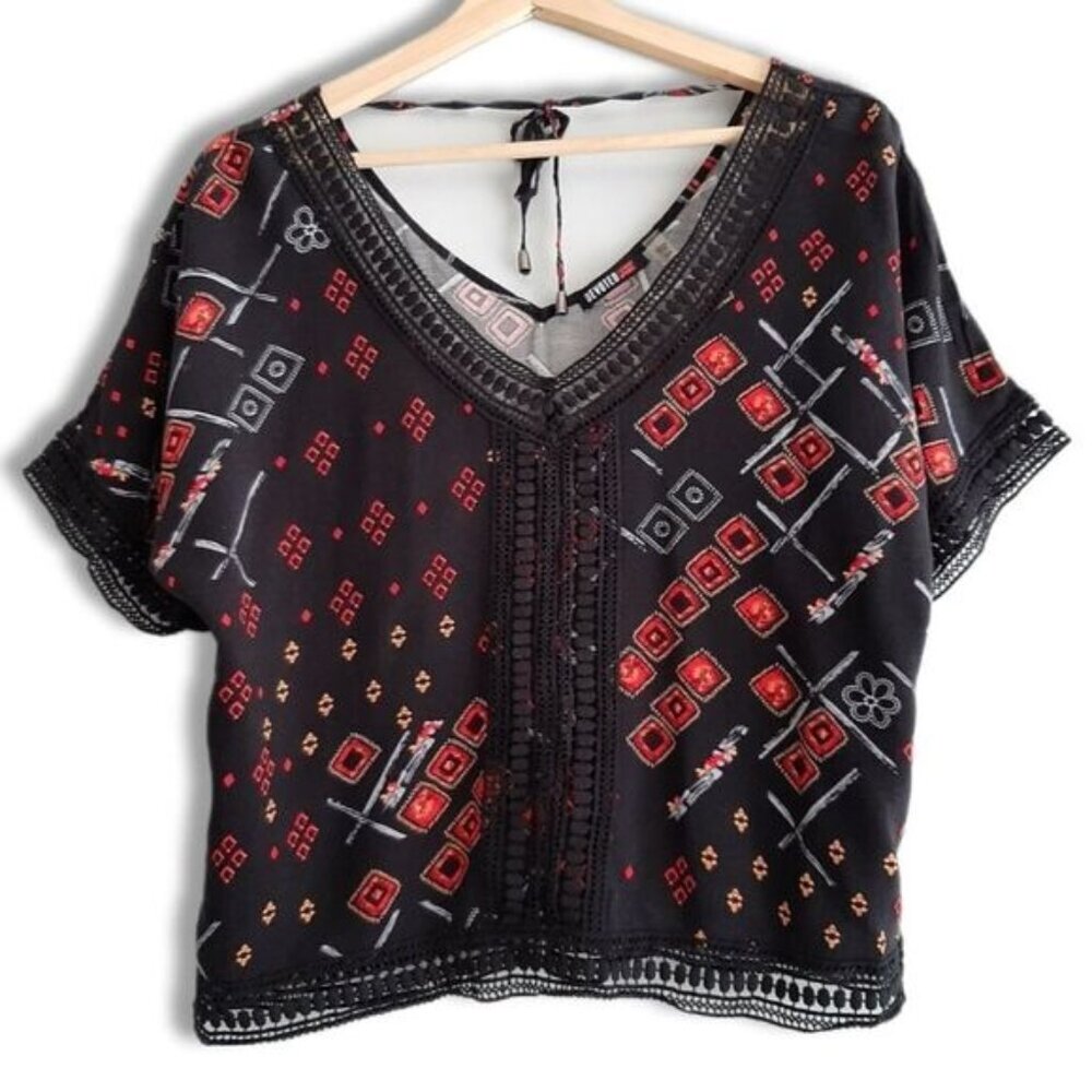 DEVOTED Boho Lace Trim & Back Tie Boxy Blouse Black Sz S